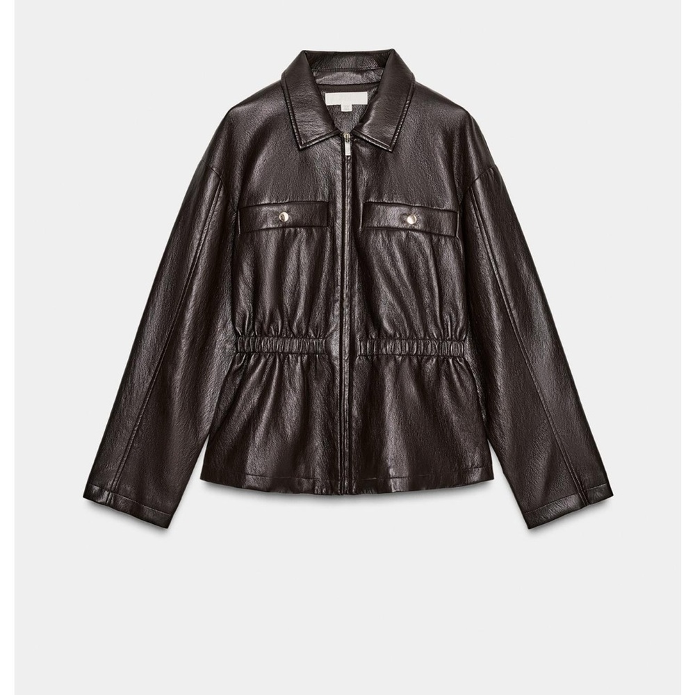 Zara Women’s Faux Leather Elastic Waist Zip Jacket in Dark Brown Small Maroon